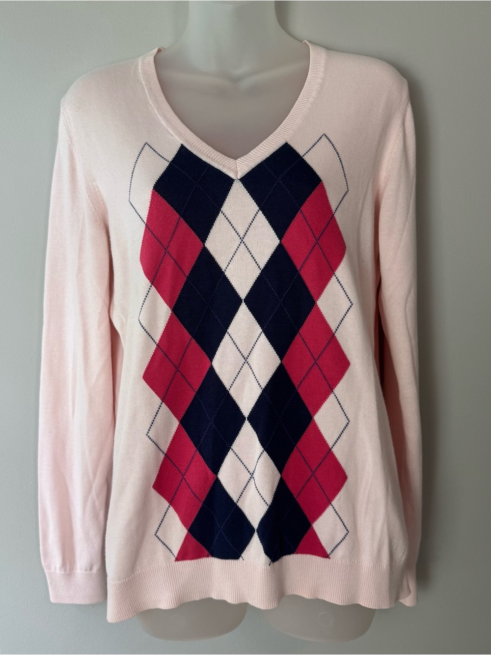 Tommy Hilfiger Pima Cotton Pink V-Neck Argyle Sweater Size Large